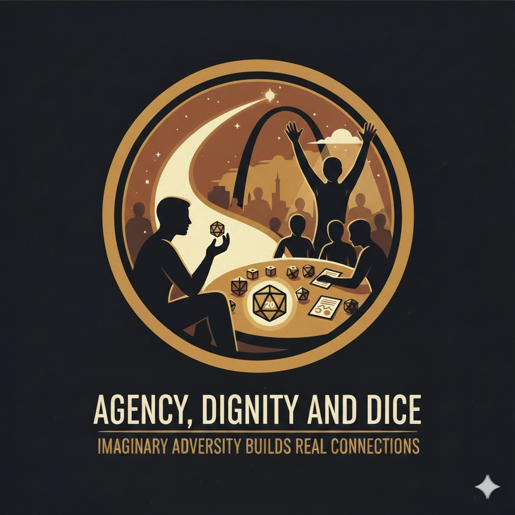 Agency, Dignity, and Dice — Imaginary Adversity Builds Real Connections. Logo depicting a facilitator and players at a tabletop with a d20, with the St. Louis Gateway Arch in the background.